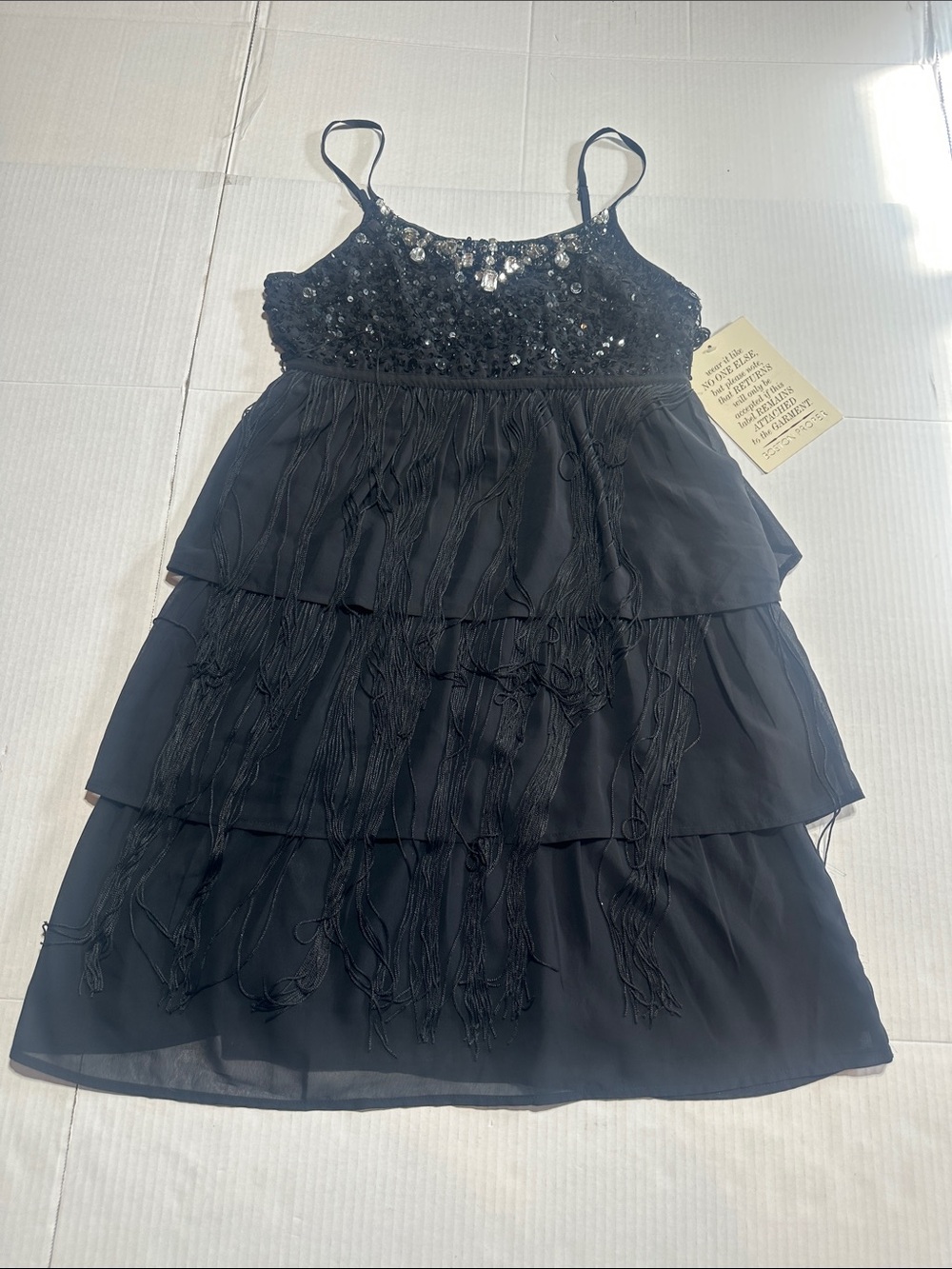 NWT Boston Proper fringe and sequin dress in black side zipper jewel top straps